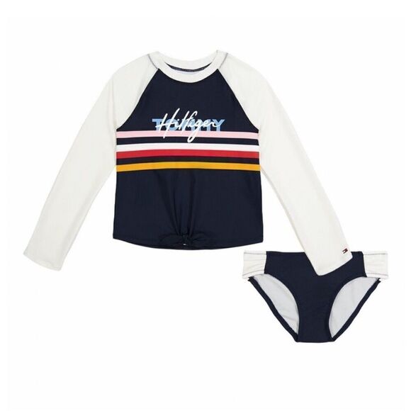 NWT Tommy Hilfiger Girls Two Piece Swim Suit Long Sleeve Set Size M 8/10 - Picture 1 of 8